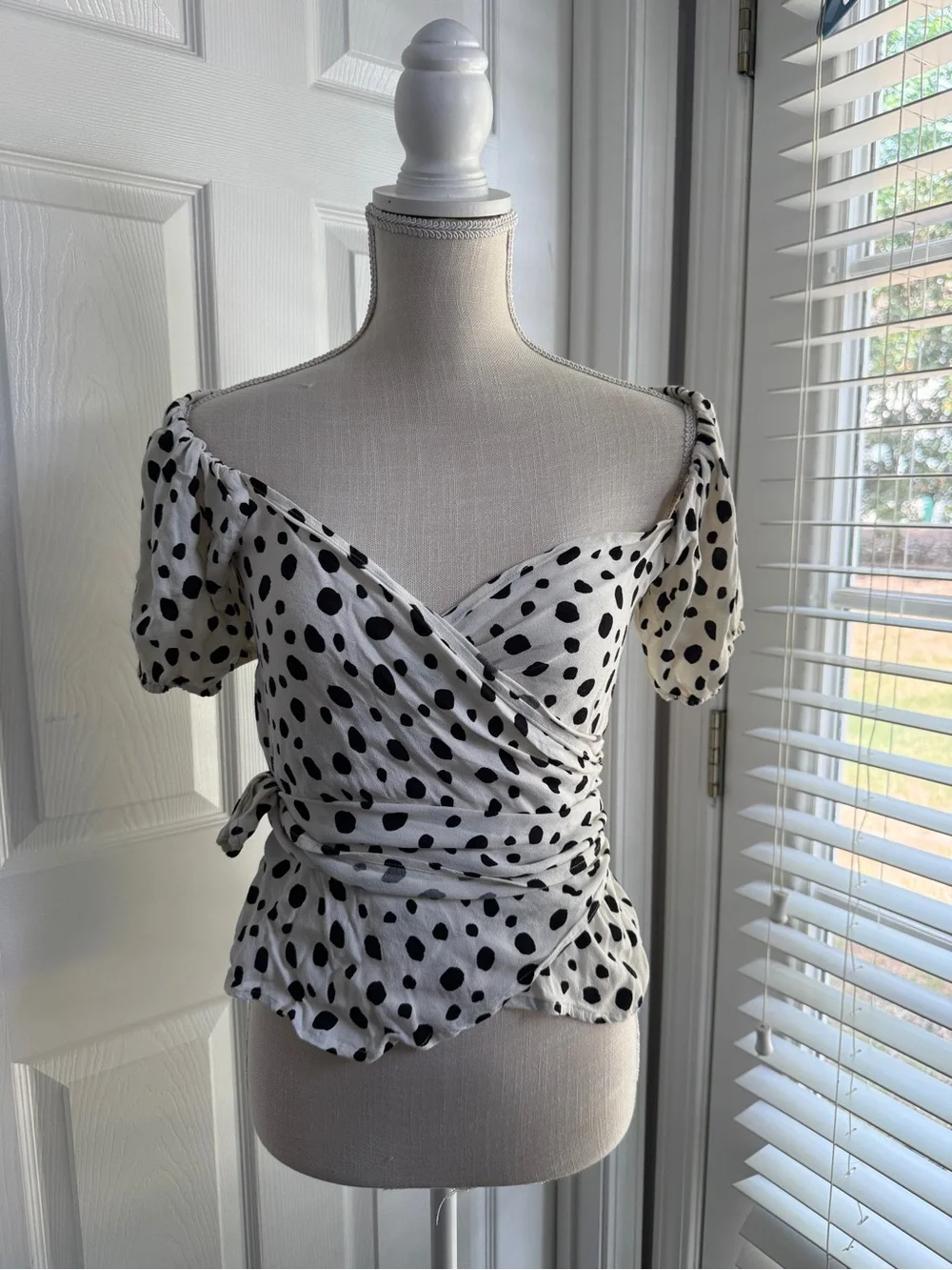 Reformation Cream and Black Polka Dot Off-Shoulder Tie Top